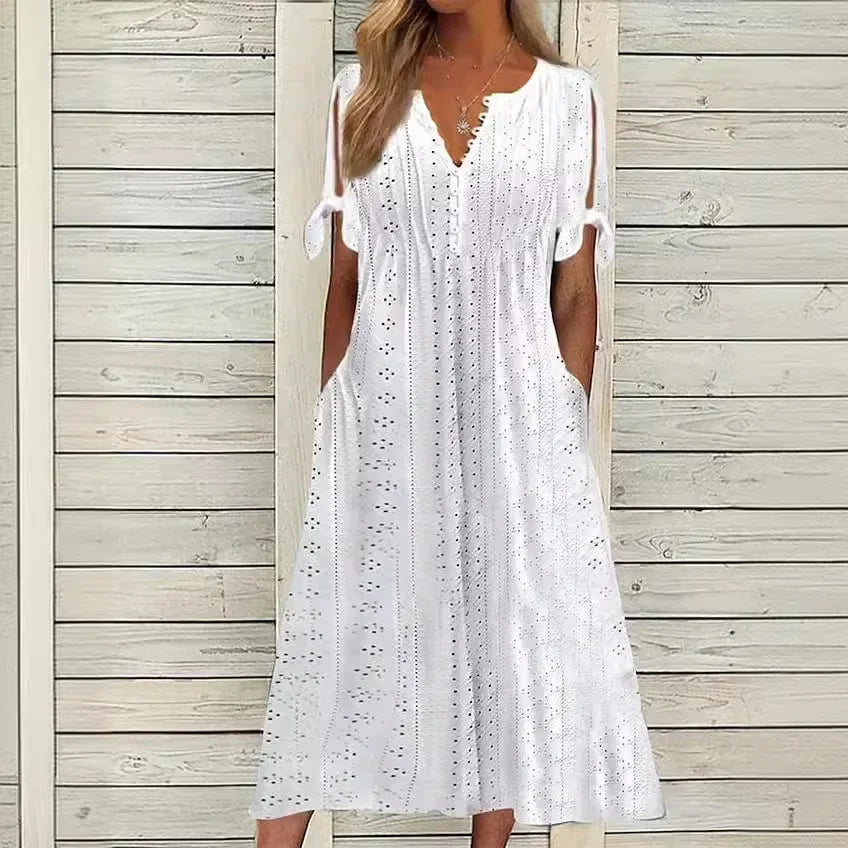 Vestido de Renda Jana - Gola em V de Manga Curta