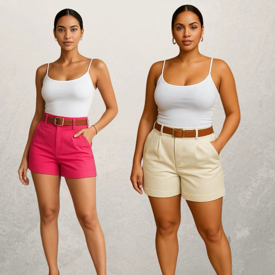 Kit 2 Shorts Feminino Alfaiataria Com Cinto Cintura Alta Disfarça Barriga