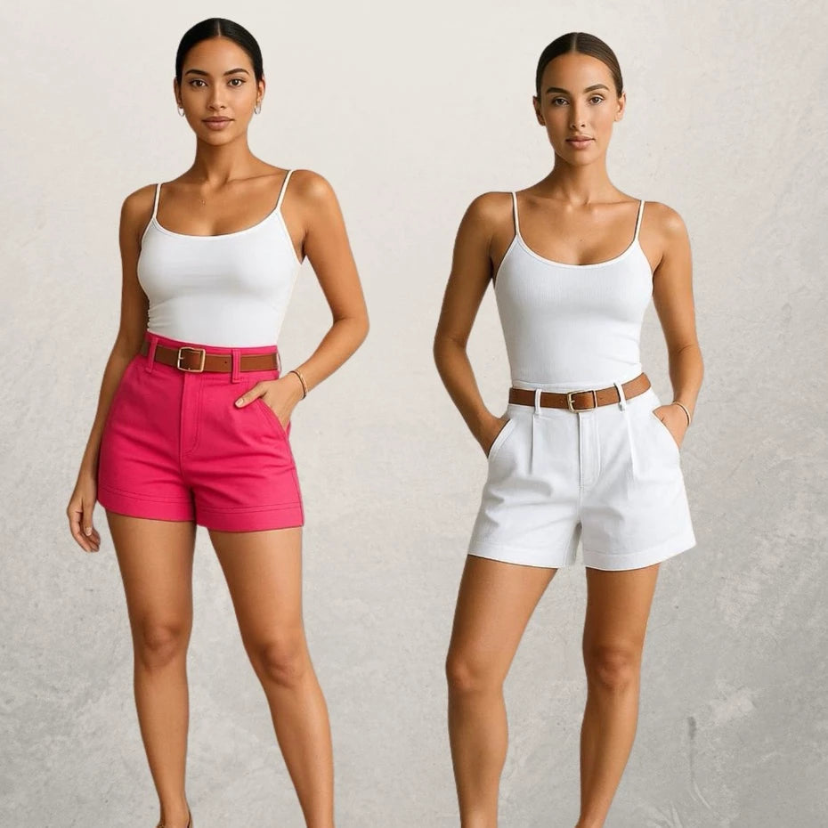Kit 2 Shorts Feminino Alfaiataria Com Cinto Cintura Alta Disfarça Barriga