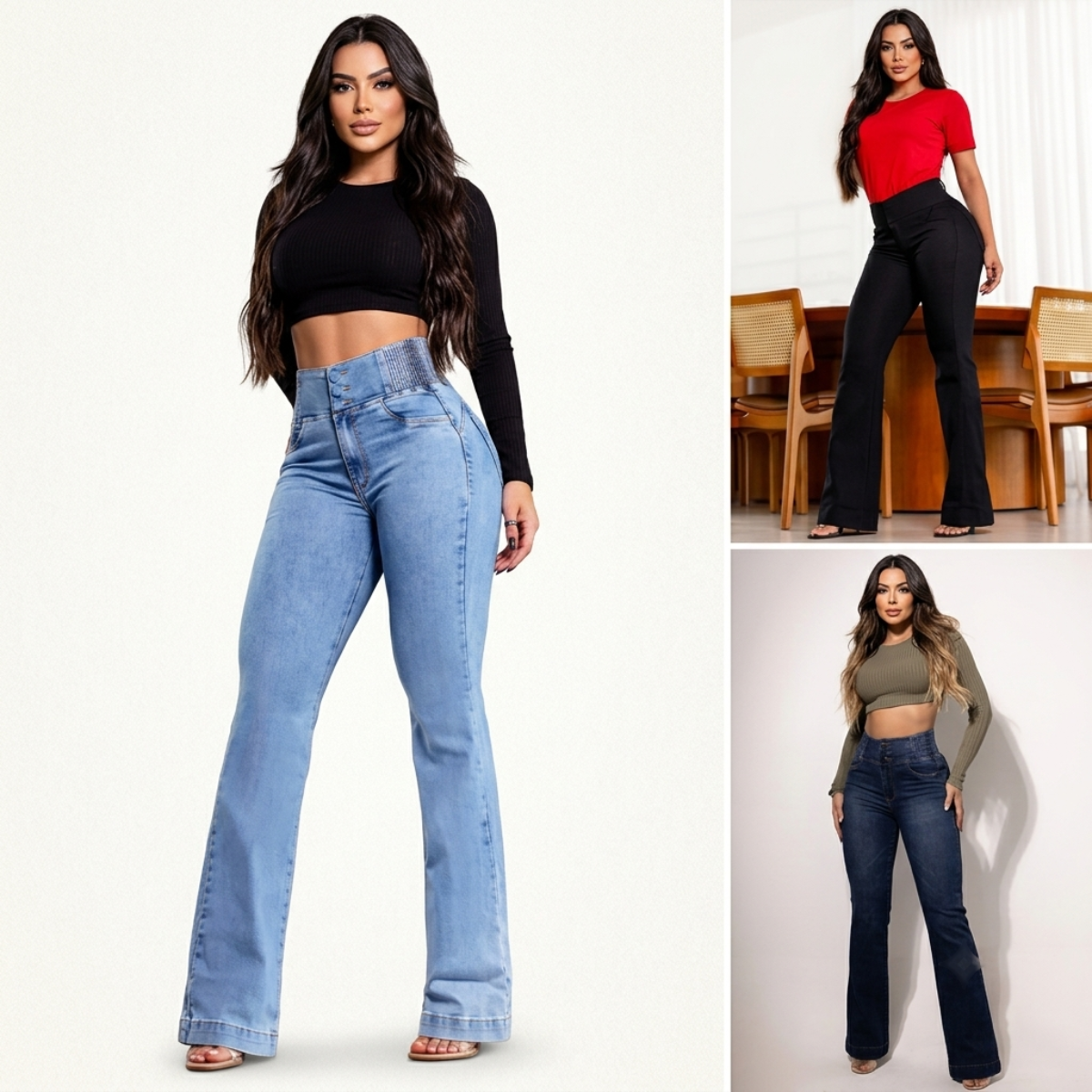 Kit 2 Calça Jeans Flare Modeladora de Cintura Alta