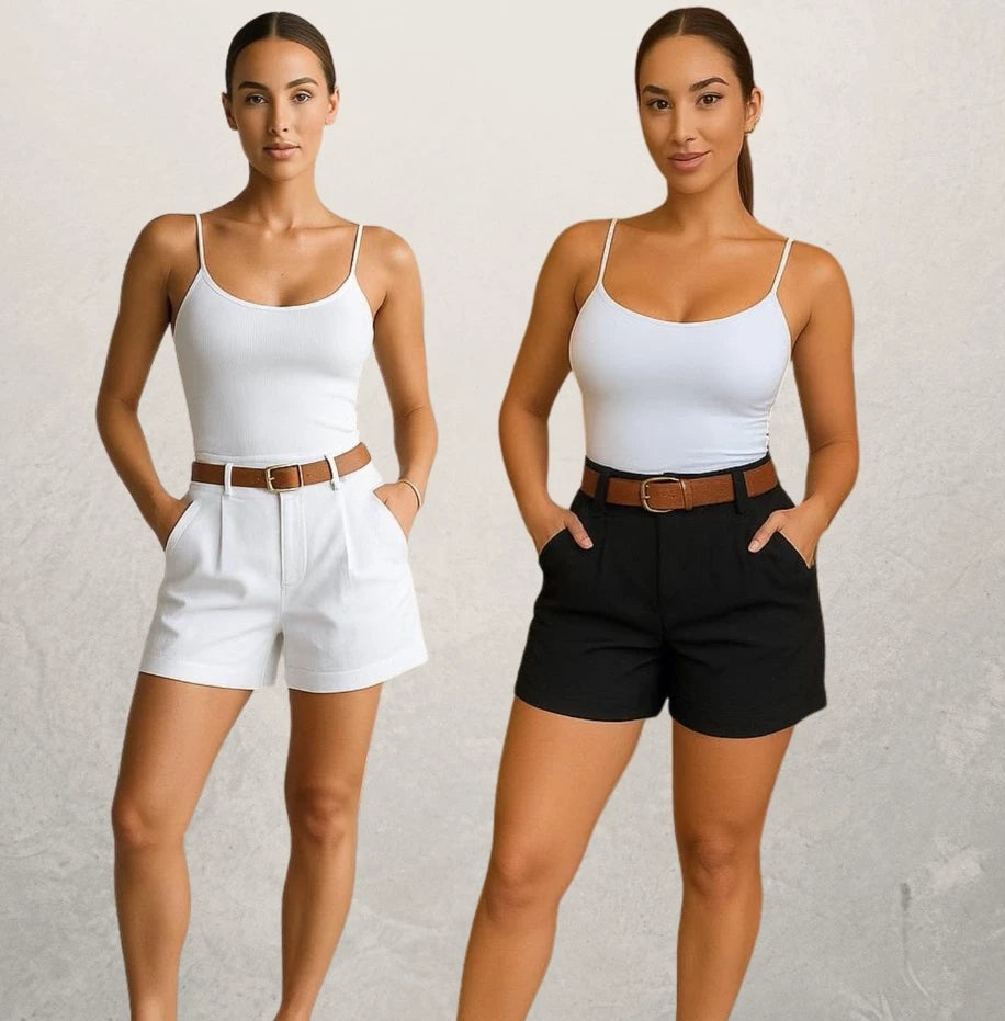 Kit 2 Shorts Feminino Alfaiataria Com Cinto Cintura Alta Disfarça Barriga