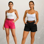 Kit 2 Shorts Feminino Alfaiataria Com Cinto Cintura Alta Disfarça Barriga