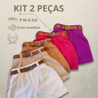 Kit 2 Shorts Feminino Alfaiataria Com Cinto Cintura Alta Disfarça Barriga