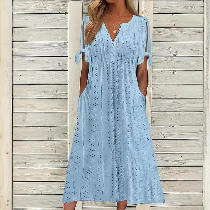 Vestido de Renda Jana - Gola em V de Manga Curta