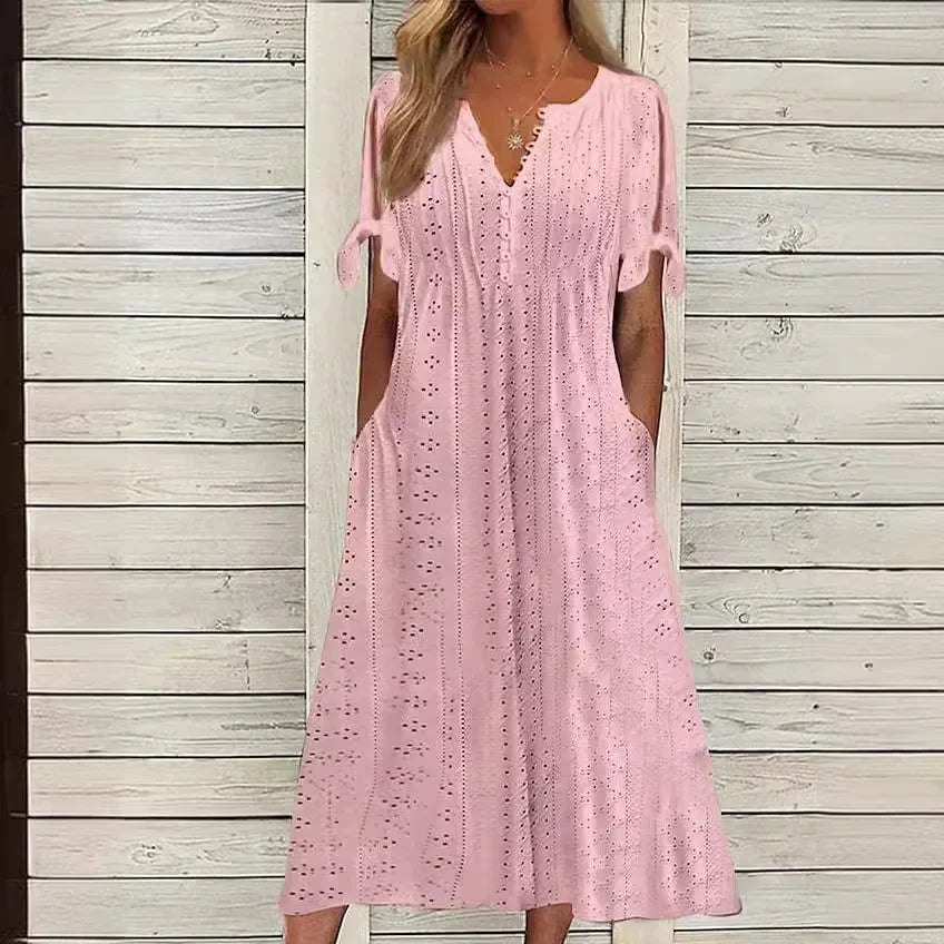 Vestido de Renda Jana - Gola em V de Manga Curta