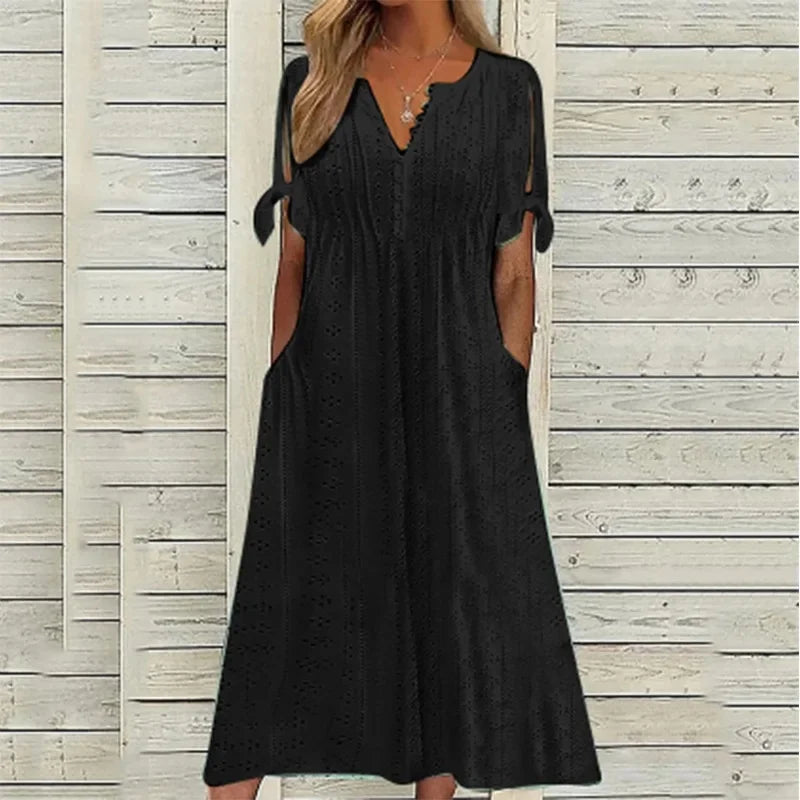 Vestido de Renda Jana - Gola em V de Manga Curta
