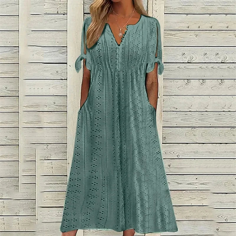 Vestido de Renda Jana - Gola em V de Manga Curta