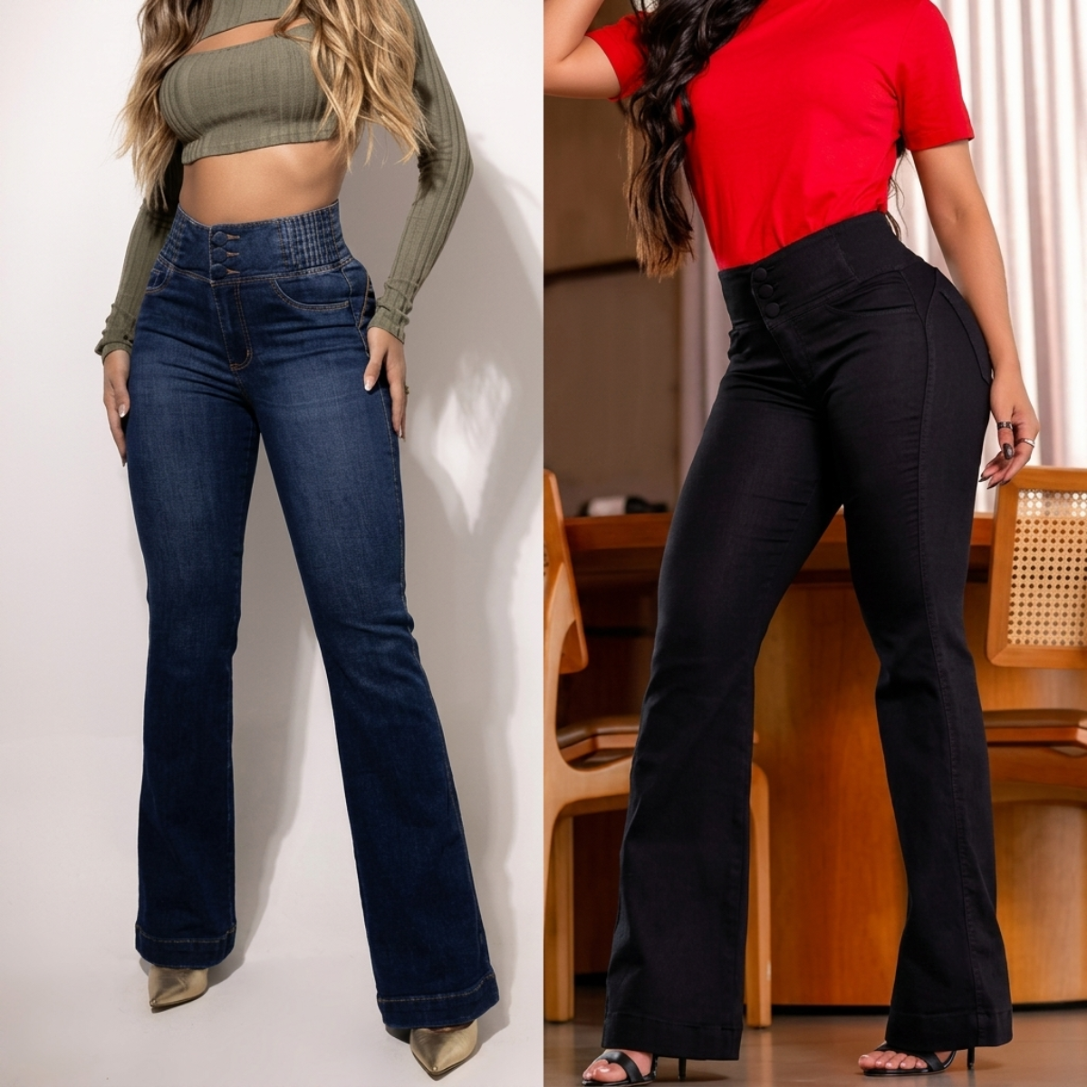 Kit 2 Calça Jeans Flare Modeladora de Cintura Alta