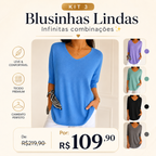 Kit 3 Blusas Luna® em Malha Leve – Decote V