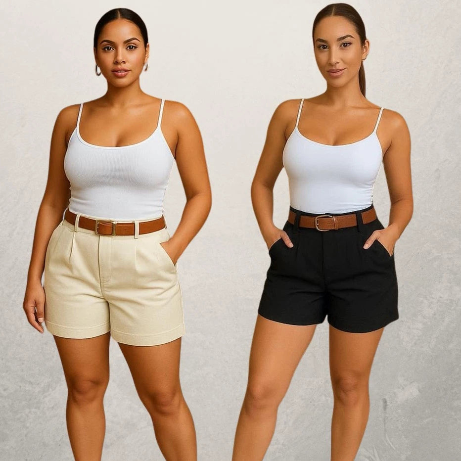 Kit 2 Shorts Feminino Alfaiataria Com Cinto Cintura Alta Disfarça Barriga