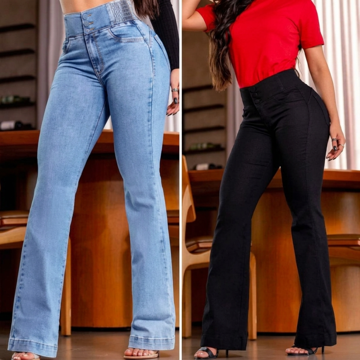 Kit 2 Calça Jeans Flare Modeladora de Cintura Alta