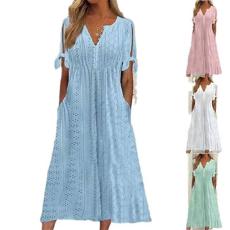 Vestido de Renda Jana - Gola em V de Manga Curta
