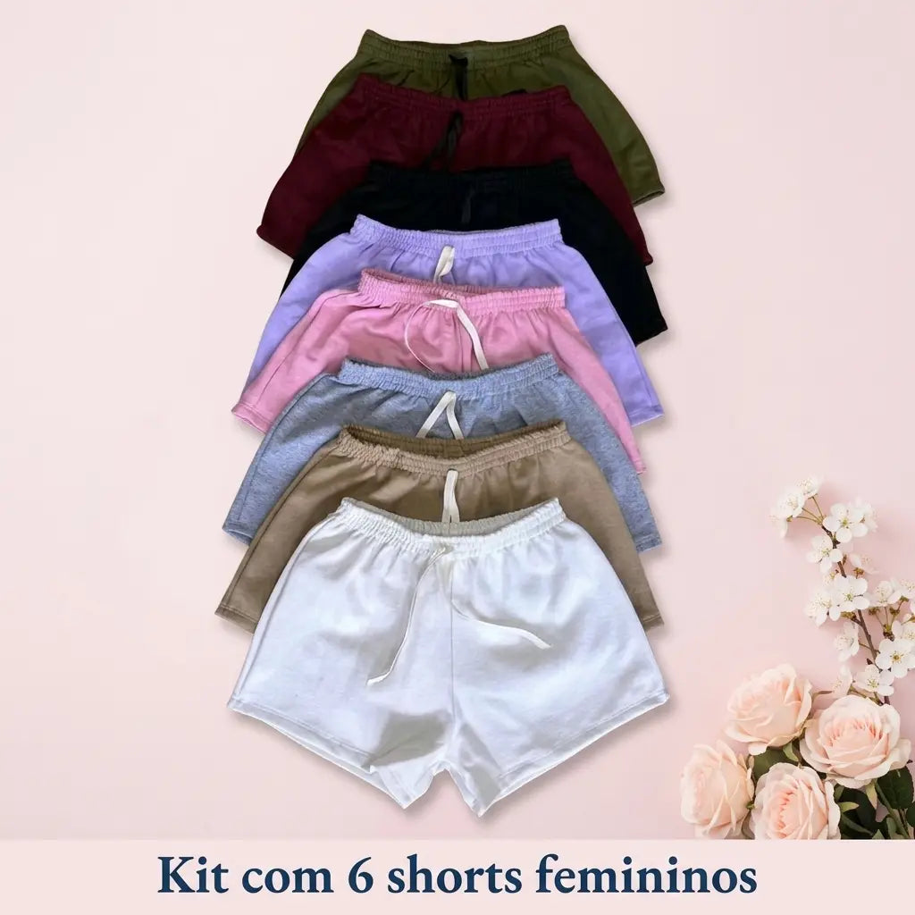 Kit 6 Shorts Femininos Moletinho 100% Algodão Cintura Alta Premium Várias Cores