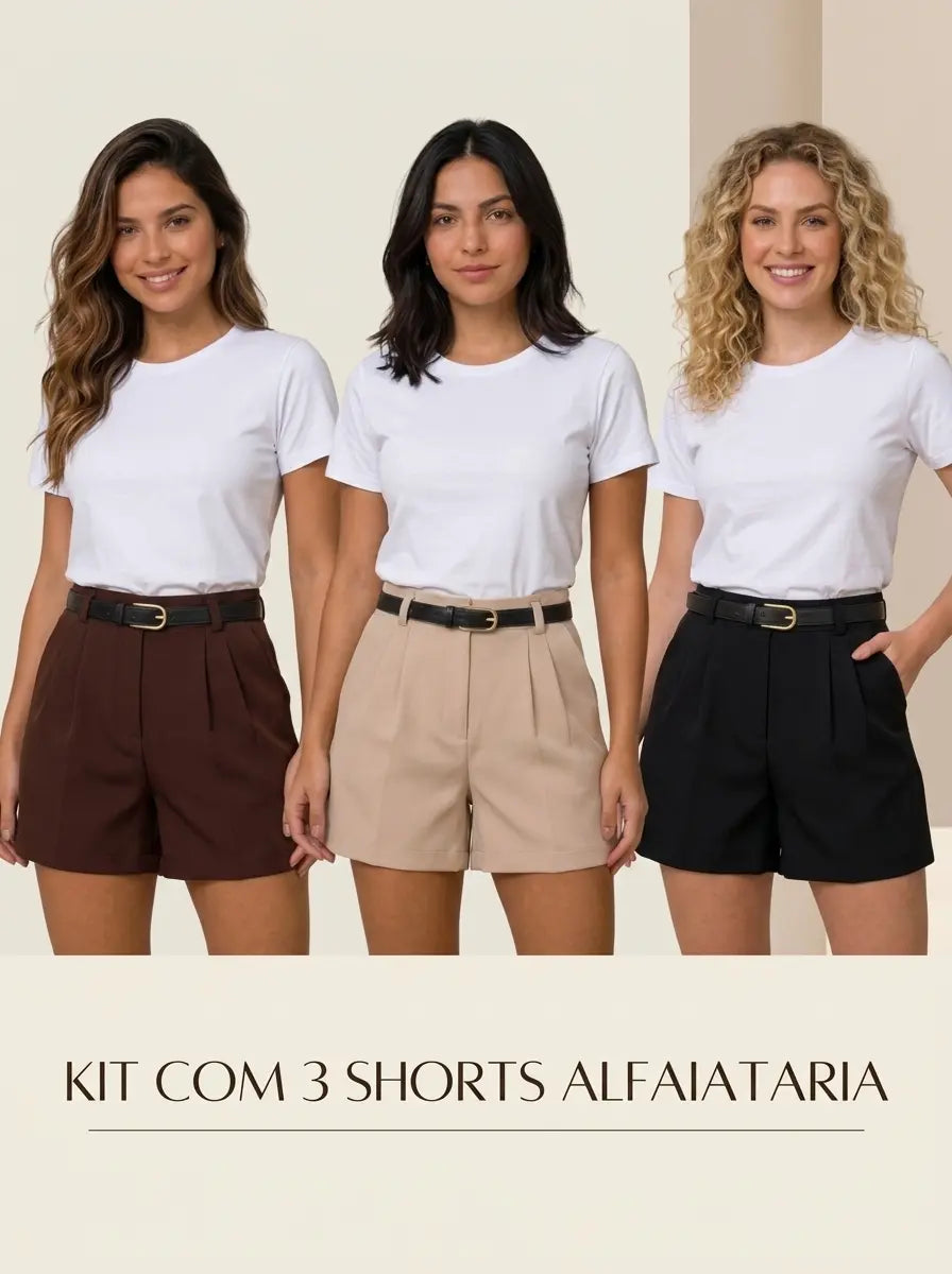 Kit 3 Shorts Alfaiataria Feminino Cintura Alta Com Cinto Elegante
