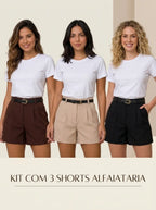 Kit 3 Shorts Alfaiataria Feminino Cintura Alta Com Cinto Elegante
