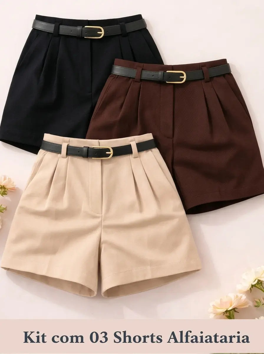 Kit 3 Shorts Alfaiataria Feminino Cintura Alta Com Cinto Elegante