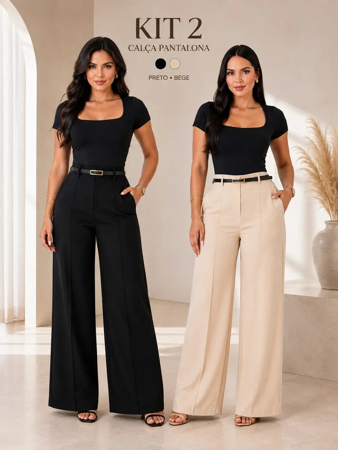 Kit 2 Calça Social Pantalona Alfaiataria Feminina C/Cinto Elegante