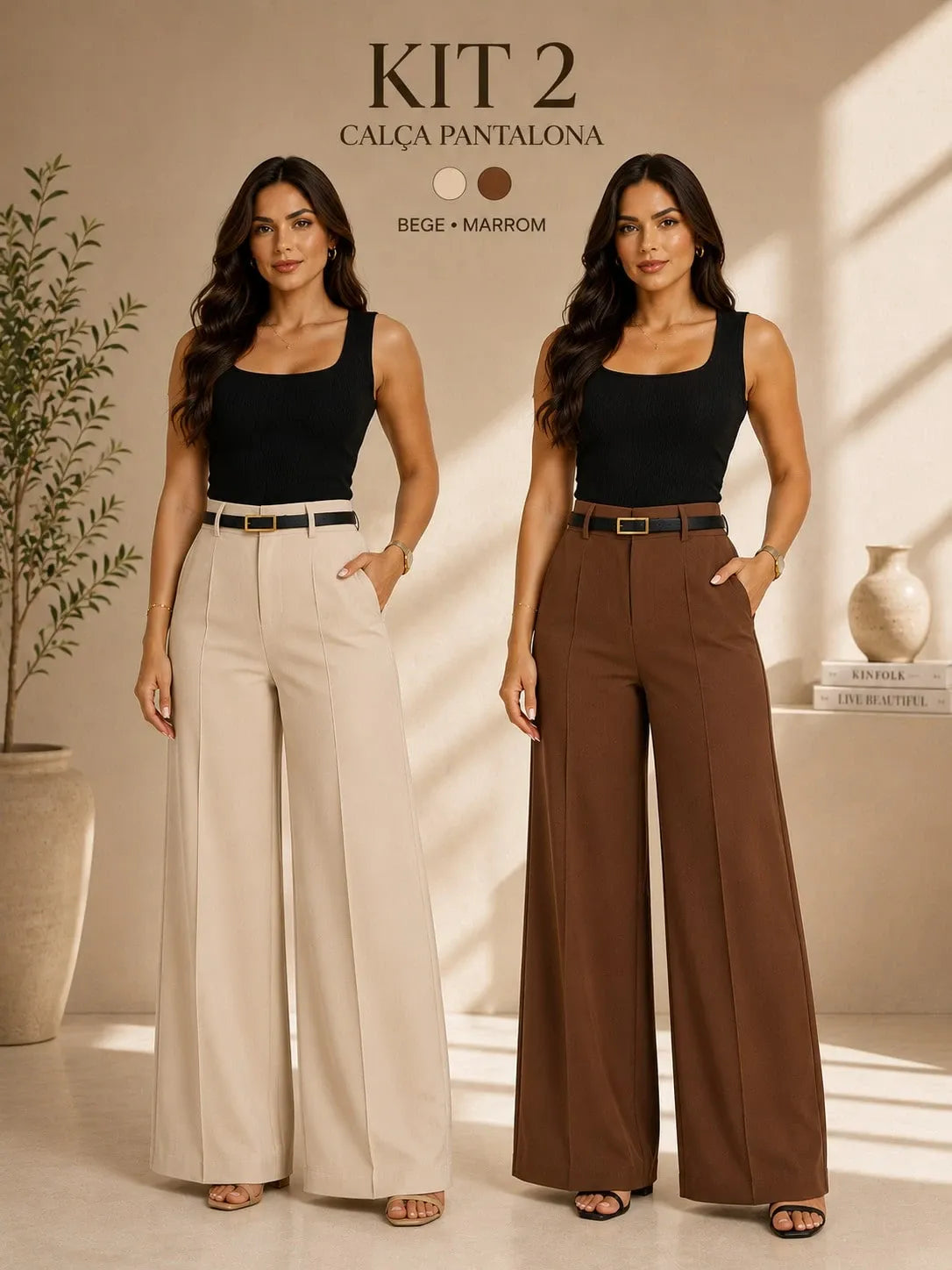 Kit 2 Calça Social Pantalona Alfaiataria Feminina C/Cinto Elegante