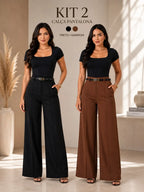 Kit 2 Calça Social Pantalona Alfaiataria Feminina C/Cinto Elegante