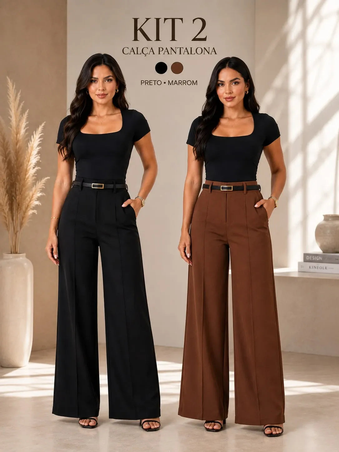 Kit 2 Calça Social Pantalona Alfaiataria Feminina C/Cinto Elegante